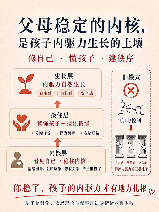 将大标题第一行「父母稳住的情绪」改为「父母稳定的内核」，保持其他所有内容、排版和字体不变