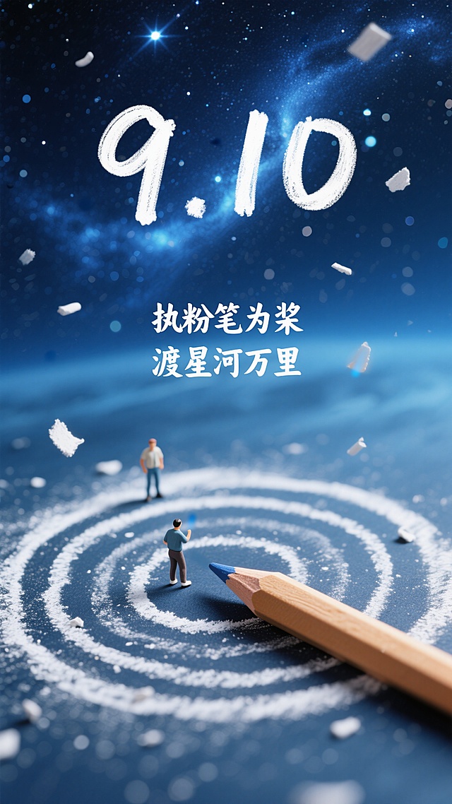 梦幻粒子环绕，微缩人物探索未来星河，超现实主义风格庆祝教师节。