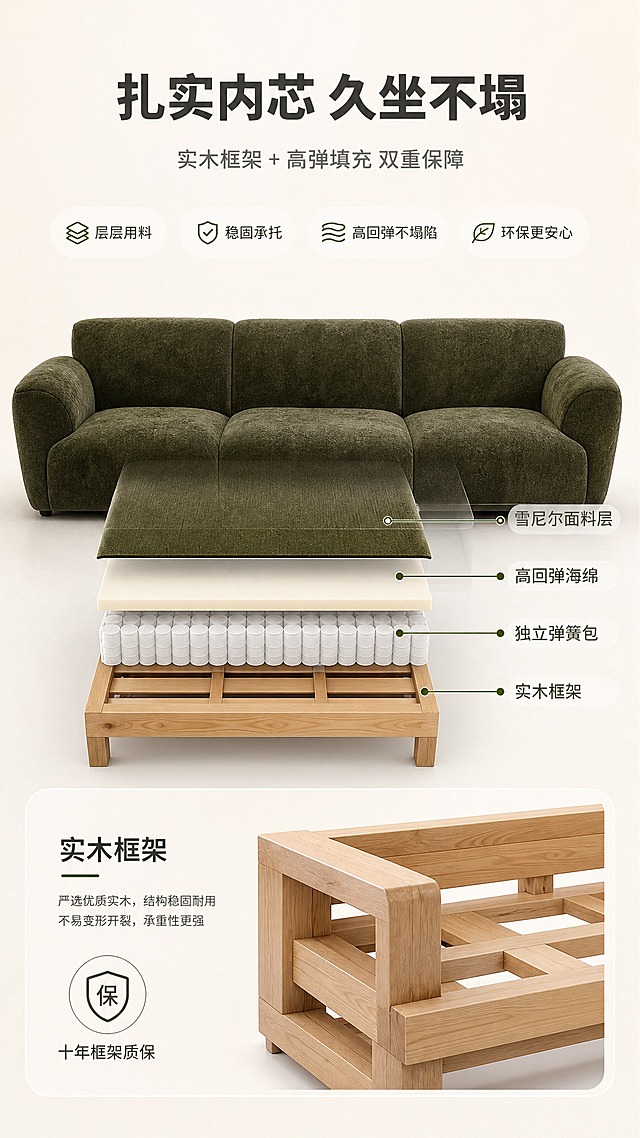 [商品] 使用【图1】墨绿色布艺三人沙发（格兰德S2419）；保留整体外形、圆润扶手、三段式座靠和墨绿色调；做半透明分层透视效果，展示内部结构，不改变外部版型和颜色。
[画面] 目标：结构内芯页，解析支撑与耐用性。构图：沙发正面居中，占画面约60%，座垫区域做半透明爆炸分层示意（面料层/填充层/支撑层/框架层），每层用细线引线+短标签标注；背景为奶白色渐变底，底部配实木框架局部特写小图。
[视觉] 套系策略：风格=现代简约奶油风高级商业摄影；标题字=思源黑体粗体；正文字=思源黑体常规；主色=奶杏米白；背景延展=基于奶杏米白做深浅层级、同色渐变与细腻纸张质感；强调色=橄榄绿，仅用于小面积图标、引线和标签；标题色=深炭灰；正文色=中暖灰；组件=圆角浅底信息卡、细线引线、胶囊卖点框；光影=均匀柔光，结构层次清晰。
[文字] 顶部主标题"扎实内芯 久坐不塌"，副标题"实木框架 + 高弹填充 双重保障"；分层引线标注"雪尼尔面料层""高回弹海绵""独立弹簧包""实木框架"；底部小图标配"十年框架质保"字样；文字横向排版。
[规格] 图片比例9:16竖版，4K，避免变形、错字、文字过小、冷蓝/蓝灰背景、沙发外形改变、极限词。