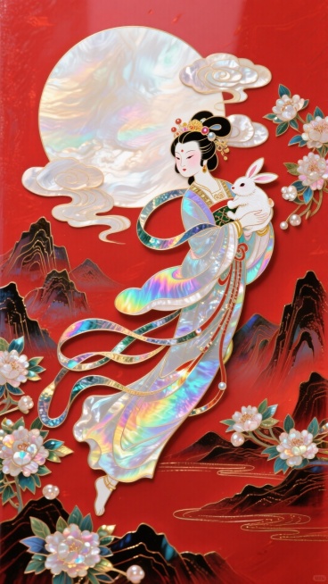 国朝风格，嫦娥怀抱玉兔奔向一轮圆月，嫦娥体态丰满可人，衣摆飘逸。周围环绕着祥云和盛开的花朵，背景山脉，红色底色，非常规的动态构图,32K分辨率预览效果