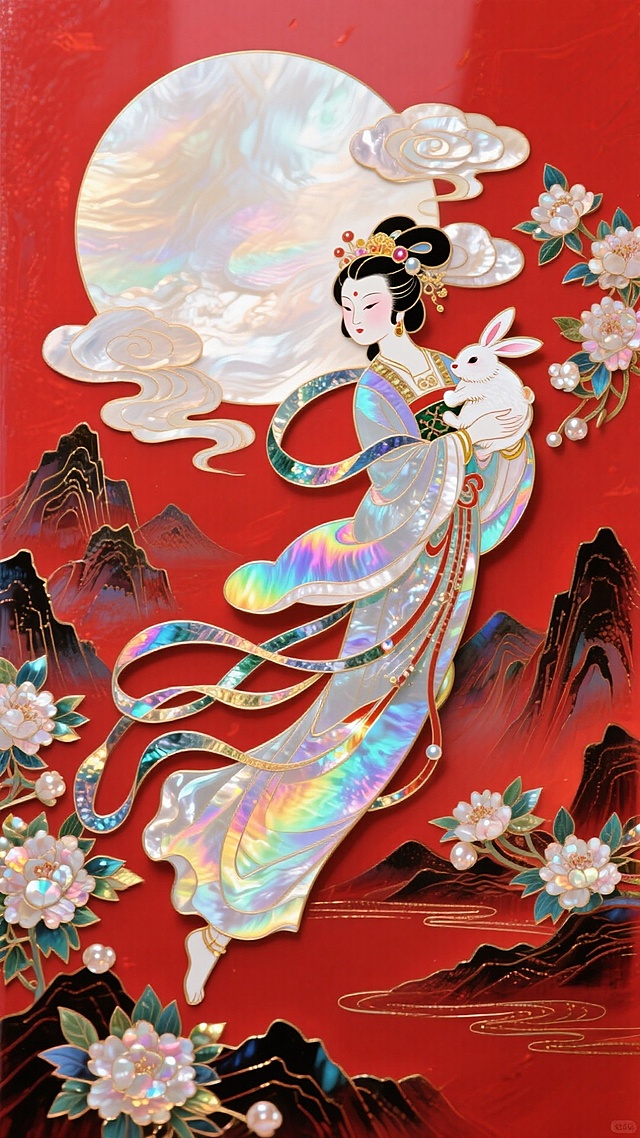 国潮风插画，融合刺绣与浮雕质感，嫦娥怀抱玉兔飞天，霓裳幻彩流动，鎏金云月映衬红底山水，古典梦幻中透出奢华唯美感，中秋佳节氛围浓厚。