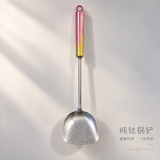 以第一张图的构图、背景、光影、文字布局和整体风格为准，将图中的锅铲产品替换为第二张图里的炫彩粉金渐变手柄方形铲头纯钛锅铲，严格还原第二张图产品的形状、粉金渐变手柄颜色、方形铲头形状、锻面哑光肌理、长手柄与挂孔结构等所有细节，其他保持不变。画面只出现一个纯钛锅铲，不出现第二把产品，不出现包装、人物、手、水印和无关杂物。细质轻奢风、哑光质感风，高级冷淡极简视觉，浅米白与暖灰渐变背景，柔和侧逆光勾勒金属边缘，产品竖向居中悬挂展示，炫彩粉金渐变手柄完整清晰，铲面呈现细腻锻面哑光肌理，长手柄与挂孔结构清楚，背景大面积留白，少量高级阴影增强立体感。主标题右对齐，使用无衬线极简细字体，文字为"纯钛锅铲"；副标题右对齐为"健康材质｜一体成型"；底部小标签为"Lightweight Titanium"。信息布局克制，文字只占右下角小区域，产品为绝对第一视觉，高清商业摄影质感，金属层次细腻，整体高端、干净、统一。负面提示词：多个产品，双款展示，出现第二把锅铲，人物，手，包装，纸箱，塑料感，镜面强反光，色彩过艳，花哨装饰，卡通插画，字体粗大，背景杂乱，产品变形，比例失调，文字遮挡产品，水印，噪点，低清晰度。