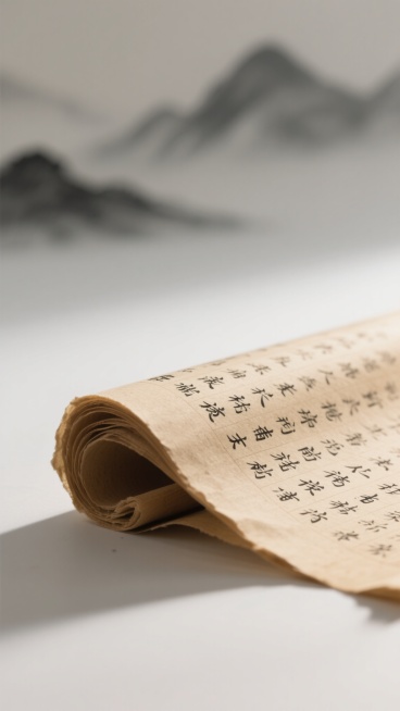 中式风格，干净画面，适用背景素材，特写视角下微微卷起的古旧宣纸书卷，上面布满工整的黑色毛笔小楷汉字，纸张呈现自然的黄褐色调与细腻纹理，柔和的侧光从左上方照射，在书卷边缘形成清晰的明暗对比与温暖高光，背景是模糊的水墨风格远山轮廓，整体营造出宁静、古朴、富有文化底蕴的氛围，画面简洁雅致，留白恰当，无任何文字信息干扰。预览效果