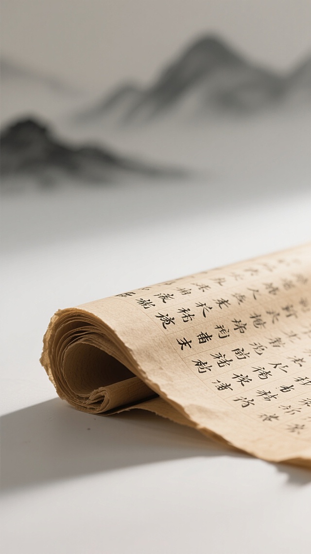 中式风格，干净画面，适用背景素材，特写视角下微微卷起的古旧宣纸书卷，上面布满工整的黑色毛笔小楷汉字，纸张呈现自然的黄褐色调与细腻纹理，柔和的侧光从左上方照射，在书卷边缘形成清晰的明暗对比与温暖高光，背景是模糊的水墨风格远山轮廓，整体营造出宁静、古朴、富有文化底蕴的氛围，画面简洁雅致，留白恰当，无任何文字信息干扰。