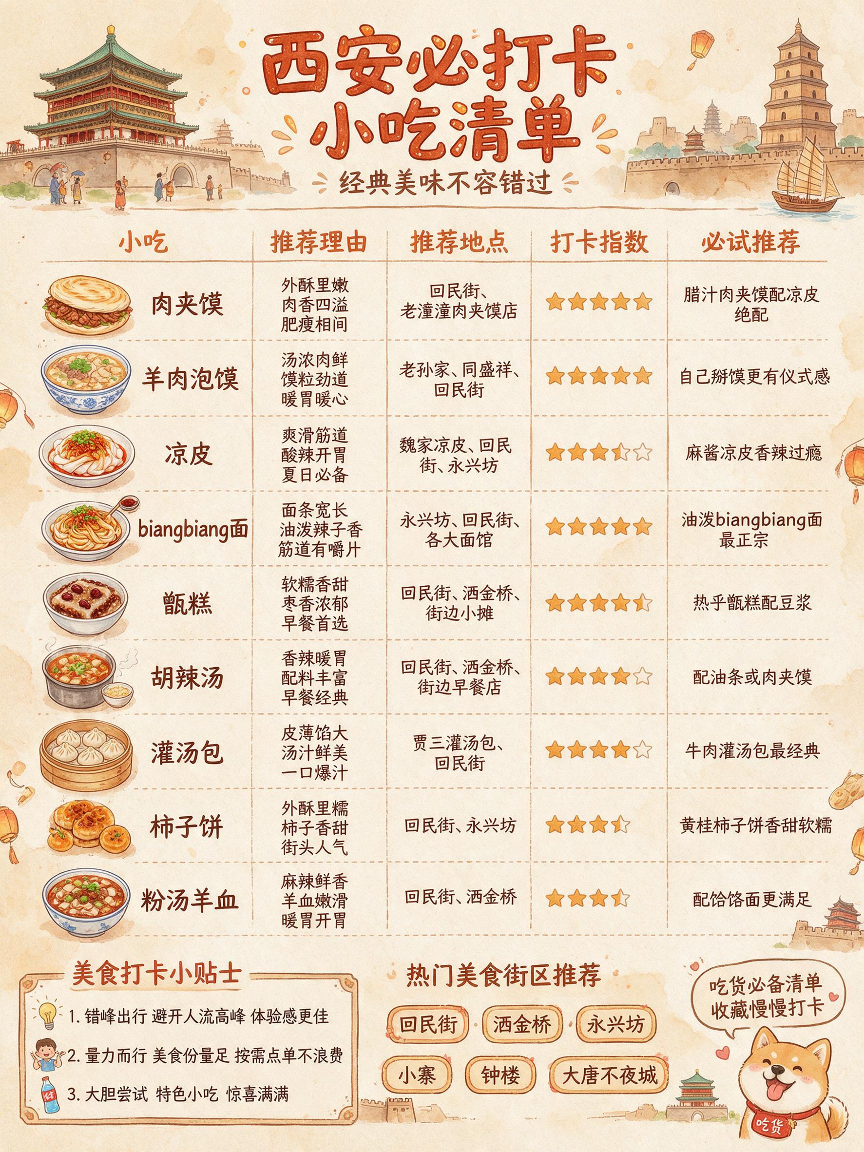 手绘水彩卡通风格的西安必打卡小吃清单海报，竖版构图，米黄色暖色… - 图片创意预览