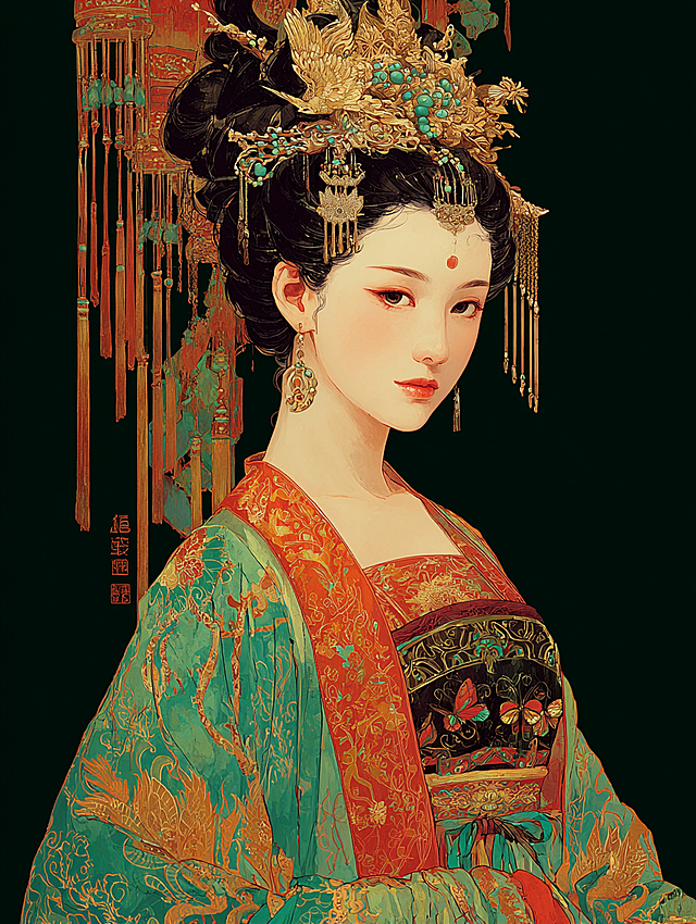 写实风格：“中晚唐堕马髻变体，高发髻向左侧极端倾斜（几乎贴近肩部），发尾加长垂至腰际，发丝带夸张波浪卷；髻顶插一支鎏金银钗（钗头雕飞鸟，鸟喙衔珠串），肩搭宽幅绛红披帛（绣金线云纹）；身着墨绿色织金襦裙（裙摆绣百蝶穿花），腰间系玉带（嵌翡翠扣）；背景为长安夜市（灯笼高挂、人流如织），灯火通明中发丝泛金属光泽；风格为盛唐遗风华丽插画，色彩浓烈（墨绿、绛红、金为主），发丝卷曲动感，8K超清，张扬艳丽。”