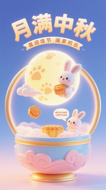 可爱感3D中秋祝福海报，核心视觉为3D立体月亮容器，表面有玉兔脚印纹理，内部是漂浮云朵和捧着月饼的卡通玉兔。主标题“月满中秋”采用立体圆体字，“月”字笔画延伸出渐变光晕环绕月亮，副标题“喜迎佳节 阖家预览效果