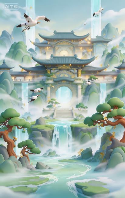 将这张古风仙侠游戏背景修改为Q版风格，保留原有山水、仙门建筑、仙鹤瀑布的构图布局，调整为更圆润可爱的Q版画风，色彩明亮活泼，线条柔和圆润，整体更符合Q版游戏氛围预览效果