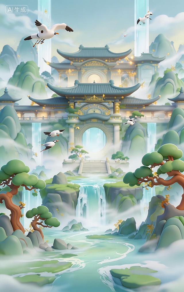 将这张古风仙侠游戏背景修改为Q版风格，保留原有山水、仙门建筑、仙鹤瀑布的构图布局，调整为更圆润可爱的Q版画风，色彩明亮活泼，线条柔和圆润，整体更符合Q版游戏氛围