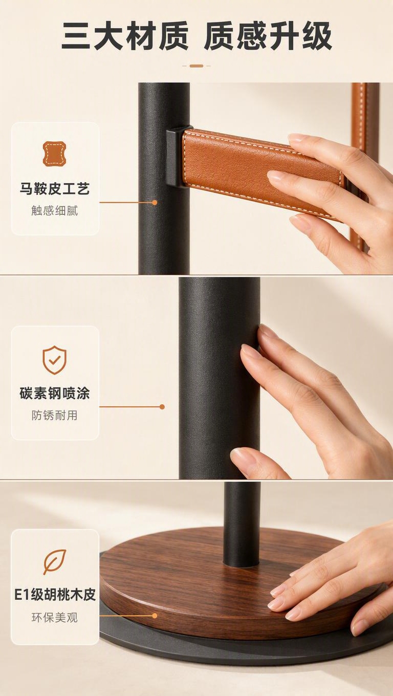 [商品] 使用【图1】中款焦糖棕马鞍皮衣帽架；保留圆形胡桃木底… - 图片创意预览