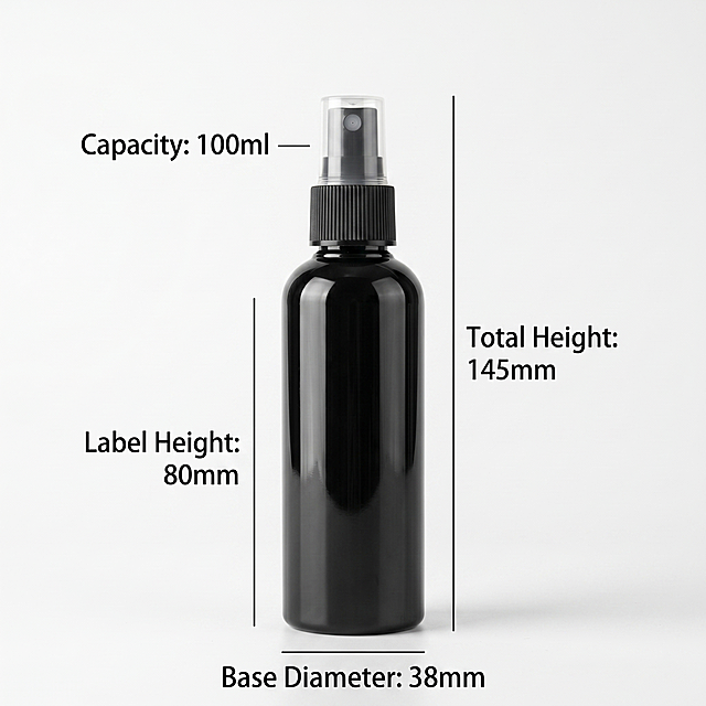 100ml black PET light-proof spray bottle size specification display main image. Advanced minimalist fresh natural style, light off-white background, in line with Amazon cross-border platform aesthetic. Commercial photography texture, soft and transparent light, clear and realistic product, clean and high-level picture. The single 100ml black spray bottle is centered, keep the product appearance (physical structure, material texture, black color) completely consistent with the input product image, no deformation and color difference, refined processing. The product occupies about 75% of the picture. Soft studio uniform light, bright and even, natural light and shadow transition. English text layout: mark the size parameters next to the product, "Capacity: 100ml", "Total Height: 145mm", "Label Height: 80mm", "Base Diameter: 38mm", the text is simple black sans-serif font, high contrast with the light background, clear and easy to read, the text is placed in the negative space, do not block the product main body. 1:1 ratio, 2k resolution, super high definition. Negative prompt: deformation, watermark, text disorder, blurred product image, messy background, Chinese characters, decorative border, irrelevant props.