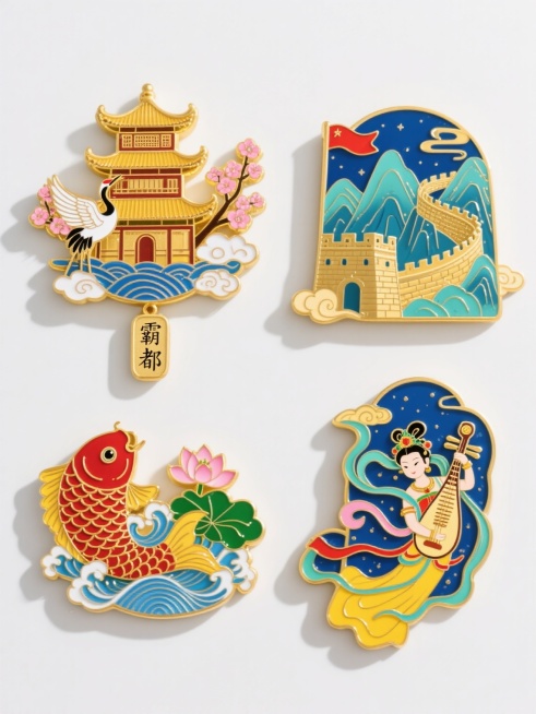 中国风金属珐琅冰箱贴系列，采用精致的景泰蓝工艺与金色描边，整体呈现浮雕式立体效果，色彩鲜艳饱满，具有细腻的光泽感和华丽的质感。纯白背景，四个完全不同造型的冰箱贴规整排布，每个冰箱贴均包含中国传统元素：第一个为金色多层古楼搭配粉色梅花枝与展翅仙鹤，底部饰以蓝色波浪纹与祥云，悬挂刻有“霸都”字样的金色吊牌；第二个是红色鲤鱼跃龙门图案，辅以绿色荷叶与粉色荷花，金色鳞片闪闪发光；第三个为青色长城蜿蜒于……预览效果
