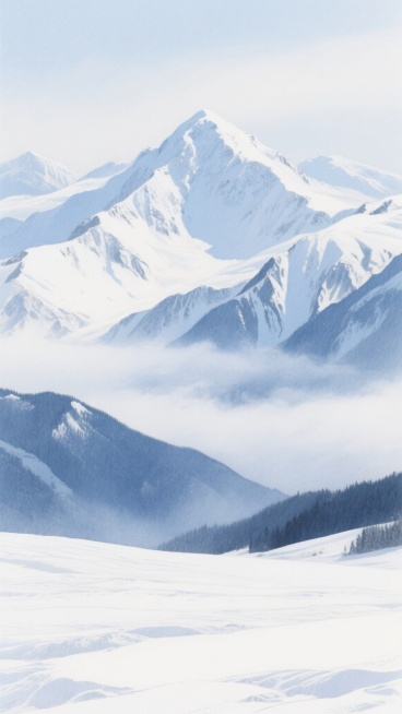 一幅极具艺术感的雪山风景插画，采用细腻的水彩画风格，以纯净的白色和深浅不一的蓝色为主色调，塑造出连绵起伏、覆盖着厚厚积雪的壮丽山脉，山顶在柔和的天光下泛着淡淡的冷辉，山间云雾缭绕，山脚下是广阔无垠、纹理丰富的雪原，整体画面营造出宁静、圣洁而悠远的氛围，线条柔和，色彩过渡自然，充满诗意的冰雪世界。预览效果