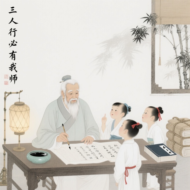 核心场景：青瓦白墙的书院内，白发先生身着素色长衫，端坐于案前，左手按卷、右手执毛笔，正为身前 3 位垂髫学童圈点《论语》字句。案上摆着青瓷砚台，墨汁泛着微光，旁边立着一盏竹编灯，暖光漫过摊开的宣纸，纸预览效果