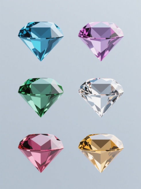 六个规整排布的素材，保持简约现代风格，每个素材为不同颜色不同形状的宝石，采用纯色背景，宝石具有高光泽度和立体感，表面有明显的切割面和反光效果，无任何文字、logo和水印。预览效果