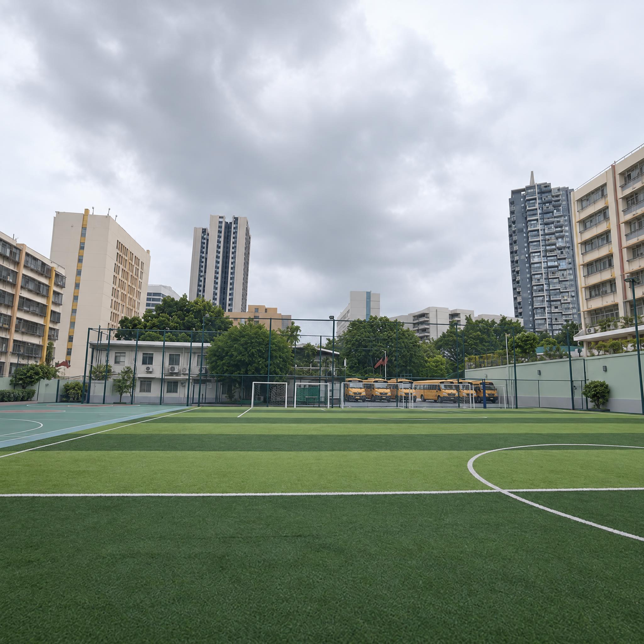保留原照片构图（人工草坪球场、球门、围网、校车与周边城市天际线… - 图片创意预览