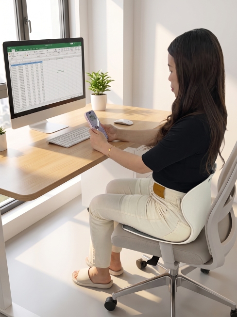 【主体保护指令】请保持参考图 1 中的【前景模特与护腰坐垫整体】一致，包括模特面部 / 身体 / 发型 / 表情 / 眼神 / 姿态 / 肤色（面部与身体肤色高度一致）/服装款式与一切细节，画面景别预览效果