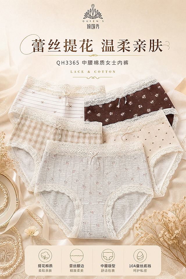 [商品] 使用【图1】多花色女士内裤全家福；商品处理：保留中腰版型、蕾丝腰边、提花棉质面料、各花色图案（小碎花、方格、蝴蝶结条纹、爱心、咖啡棕）、倾国秀品牌Logo、10A蚕丝底裆结构；自然理顺面料褶皱，增强蕾丝纹理质感和棉质织纹细腻度，提升内裤轮廓清晰度，不改变版型结构和颜色。
[画面] 目标：高级品牌感风格头图海报，多花色同框展示，营造温柔精致的女性内衣氛围。构图：上半部分留白放标题，下半部分内裤错落叠放呈扇形展开，小碎花款居中为主视觉，其余花色环绕两侧。主体占画面60%。前景点缀珍珠、丝带、干花等女性化道具，中景内裤主体，背景浅米色渐变柔化。阅读动线从上至下。
[视觉] 套系策略：风格=高级精致女性向商业摄影，温柔轻奢质感；标题字=优雅衬线体，细衬线精致感；正文字=简洁无衬线体；主色=浅米色；背景延展=基于浅米色做深浅渐变、同色系层次和细腻丝绸/纸张质感；强调色=香槟金色，仅用于小面积装饰线、图标、标签点缀和标题描边；标题色=深奶茶棕；正文色=暖灰棕；组件=金色细线分割、圆角浅米信息卡、精致小图标；光影=左前侧柔暖光，柔和漫反射，营造温柔高级氛围。
[文字] 上方居中主标题"蕾丝提花 温柔亲肤"（衬线体，深奶茶棕，金色细描边装饰），副标题"QH3365 中腰棉质女士内裤"（小号无衬线，暖灰棕），下方点缀英文小字"LACE & COTTON"（极细金色）。文字不遮挡内裤主体和蕾丝细节。
[规格] 图片比例2:3竖版，4K，负向提示：避免变形、错字、文字过小、冷蓝背景、内裤颜色改变、版型失真、低俗暴露、白底孤立、绝对化用语。