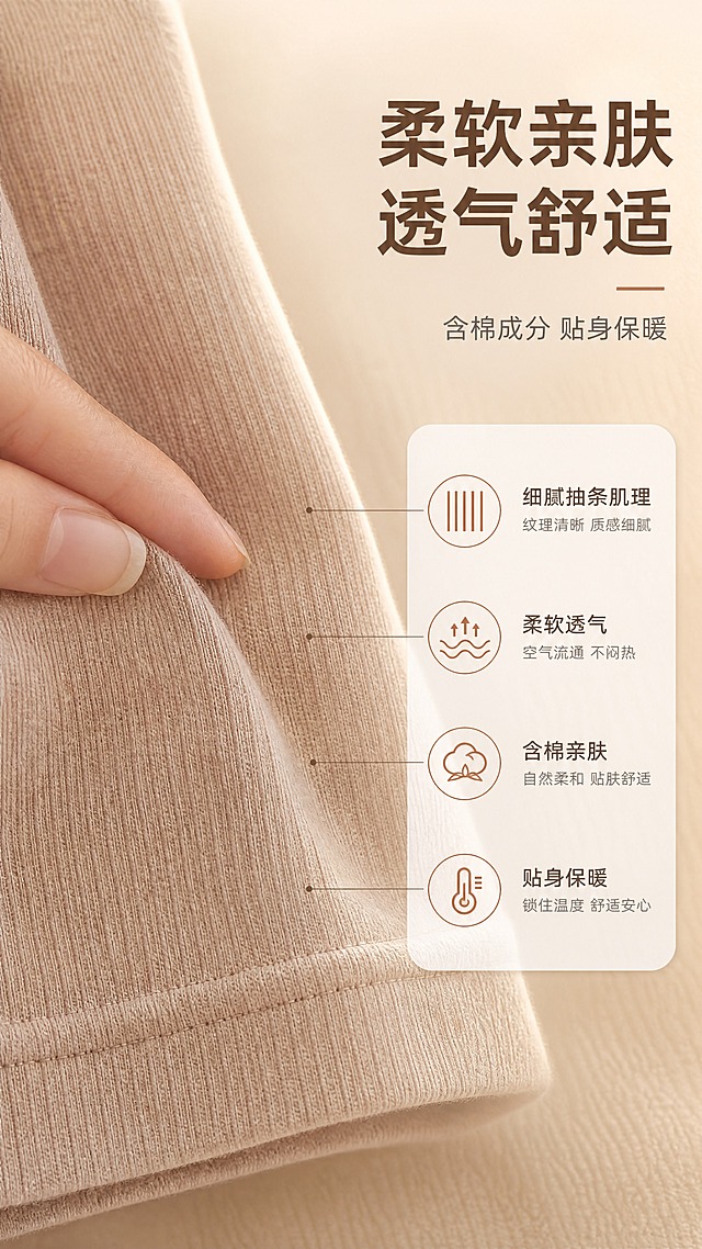 [商品] 使用【图4】三枪时尚抽条女阔腿裤裤脚面料特写；商品处理：保留抽条肌理、针织纹理、拿铁色、裤脚双缝线结构；增强面料织纹清晰度和柔软绒感，自然理顺面料褶皱，不改变材质和颜色。
[画面] 目标：面料质感解析，突出含棉面料的柔软透气亲肤。构图：左侧面料微距大图占画面60%，右侧信息卡区；画面加入手指轻触面料的手部动作，体现触感；背景为米色暖调渐变+细腻织物纹理；前中后景：前景面料特写、中景手部轻触、后景虚化暖调光影。
[视觉] 套系策略：风格=温馨柔和简约高级商业摄影；标题字=现代无衬线粗体；正文字=简洁无衬线体；主色=米杏暖调；背景延展=基于米杏色做深浅层级、同色渐变和细腻织物/纸张质感；强调色=奶茶棕，仅用于小面积图标、引线和标签；标题色=深暖棕；正文色=中暖灰；组件=圆角浅底信息卡、细线引线；光影=左前侧暖柔光，柔和漫射。
[文字] 右上主标题「柔软亲肤 透气舒适」，副标题「含棉成分 贴身保暖」；右侧信息卡列出4个面料卖点：细腻抽条肌理 / 柔软透气 / 含棉亲肤 / 贴身保暖；配细线引线指向面料对应位置，文字横向排版。
[规格] 图片比例9:16竖版，4K分辨率，quality=medium；避免变形、错字、文字过小、冷蓝/蓝灰背景、面料颜色改变、材质失真、极限词。