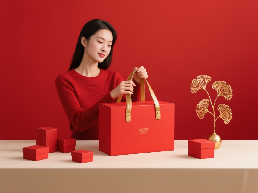 明亮红色纯色背景，现代简约风格，柔和均匀的光影，高饱和度的红色与金色点缀，特写镜头，一位穿着红色针织衫的女性，一手提着带有金色皮质提手的大型红色礼盒，礼盒表面光滑有质感，下方桌面上散落几个大小不一的红预览效果