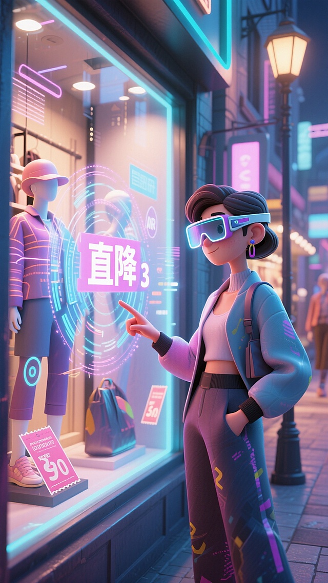 未来感与科技感交织的霓虹夜街，卡通风格人物佩戴AR眼镜，指尖轻触虚拟现实促销界面，3D动漫风呈现潮流酷炫购物体验。
