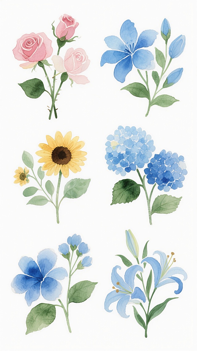 白色背景上的五组水彩花卉装饰元素，保持水彩画的透明晕染质感、柔和细腻的笔触、清新明亮的整体氛围和自然生动的构图布局，花卉种类包括玫瑰、向日葵、绣球花、百合花等，绿叶的形态和色彩保持不变，将原本的粉色、黄色系花卉主体颜色改为蓝色系，从浅蓝到深蓝的渐变过渡，花瓣边缘保留自然的水彩留白和细微的色彩变化，整体色彩和谐统一，呈现出宁静优雅的视觉效果。