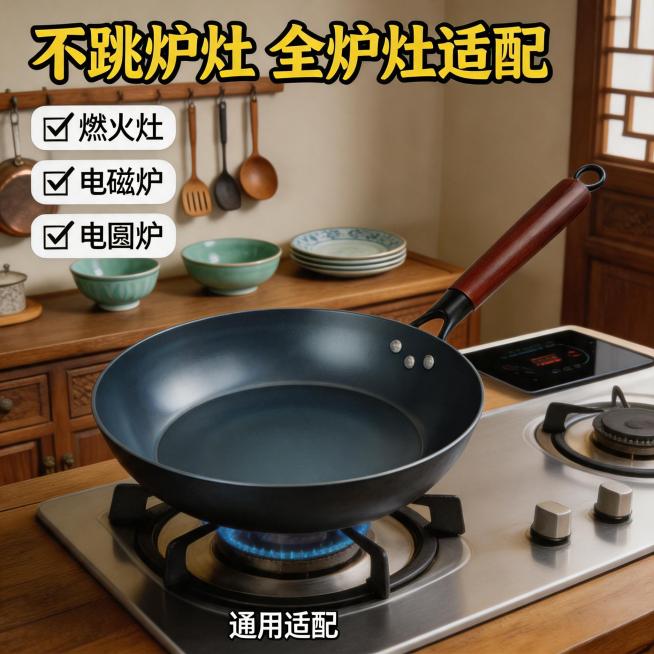 烤蓝平底煎锅同时适配多种炉灶，展示不跳炉灶的稳定性，背景为仿宋式厨房，商品卖点：不跳炉灶，全炉灶适配，拼多多商品主图风格预览效果