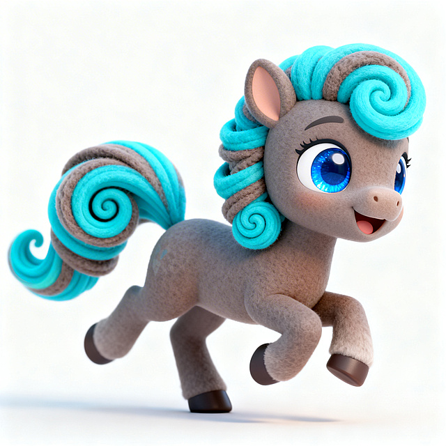 3D盲盒角色设计，中国十二生肖中的可爱小马，主体颜色为灰棕色，鬃毛和尾巴是明亮湛蓝色渐变，尾巴卷曲有弹性，像软冰淇淋或羊毛卷。大大的闪亮蓝色眼睛，充满活力的姿势，向前跳跃，表情开心。柔软粘土材质，皮克斯/梦工厂风格，柔和打光，干净背景，8K，C4D渲染，IP设计，白色背景，特写可爱马尾，灰棕色混明亮湛蓝色，卷曲如弹簧或旋纹冰淇淋，马匹其余部分隐约可见，高质感，3D卡通风格，可爱IP设计，柔和阴影