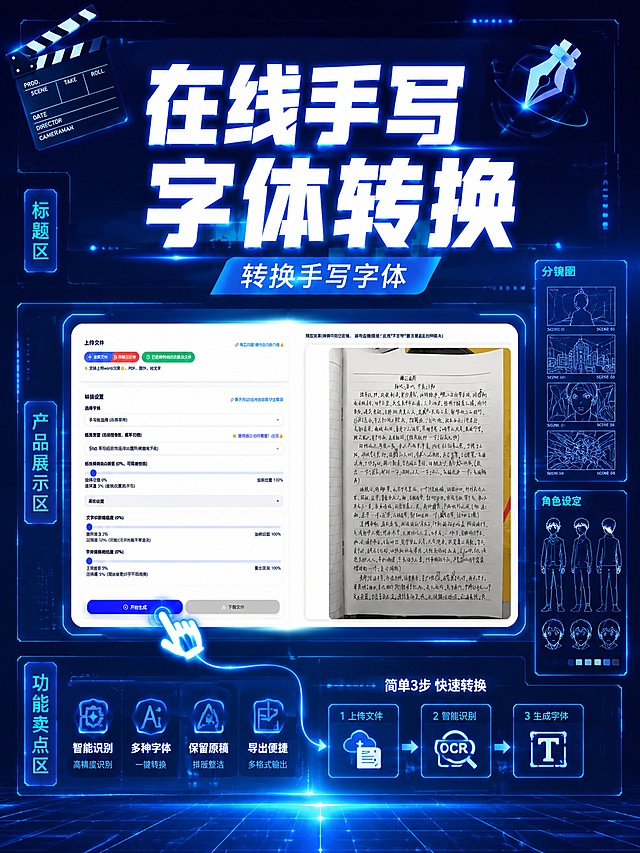 在现有科技风抖音封面基础上优化升级，保留主标题「在线手写字体转换」与副标题「转换手写字体」的文字内容和核心位置，保持深蓝科技背景与发光大字风格。新增元素组合：1）融入影视创作符号：画面左上角或角落加入电影场记板（clapperboard）图标，右侧或底部加入分镜图小格子、角色设定线稿小图等影视符号，强化影视创作主题；2）模块化布局：用细发光线条和半透明蓝色色块将画面划分为标题区、产品展示区、功能卖点区，信息层级更清晰；3）动态交互元素：加入手形光标（点击手势）指向产品界面的关键按钮，加入流程箭头指示从上传到生成的操作路径，传递产品易用性和交互感。整体保持轻量化科技风，元素丰富但不拥挤，主标题仍为视觉中心，文字准确无错字，构图稳定，禁止廉价模板感。画面比例3:4，4K高清。