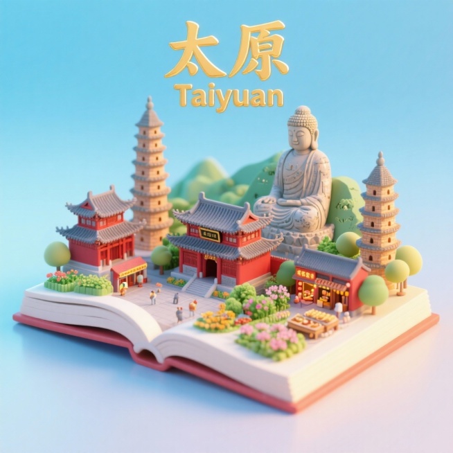 一本打开的书籍，书是打开的，书上是太原城市景观微缩模型，有太原的晋祠，双塔寺，山西晋商博物馆，蒙山大佛，食品街，植物园，上方有中文“太原”和英文“Taiyuan”，整体画面生动，色调温暖明快，充满活力预览效果