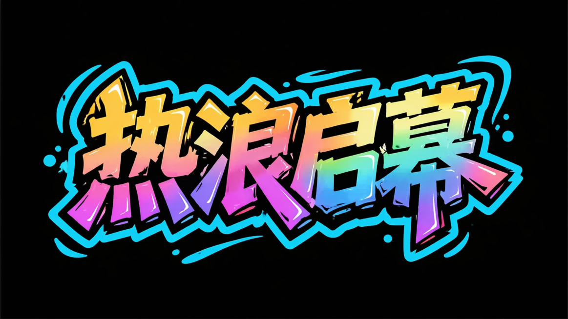 参考原图风格，生成潮酷渐变涂鸦风艺术字，内容为"热浪启幕"，黑色背景，保留原图多彩渐变渐变+亮蓝色描边设计风格预览效果