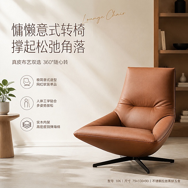[单张主图] 意式极简慵懒休闲转椅，高级氛围感主图，展示产品在真实家居环境中的质感与美感。
[画面主体] 焦糖棕色真皮款转椅作为核心主体，放置在画面中偏右下区域，产品占比约50%，保持产品外观、物理结构、材质质感、颜色与输入产品图完全一致，杜绝任何变形和色差，精细化处理细节。画面左侧自然留白用于放置文案。
[构图版式] 本次采用左文右物场景型版式，左侧留白承载文字信息，右侧产品放大呈现。
[场景元素] 背景为现代意式极简客厅，浅奶油色墙面，浅灰色哑光地砖，左侧浅木色边几，搭配一盆小型琴叶榕绿植，窗边斜射进暖调自然光，营造慵懒放松的家居氛围。背景简洁不抢主体，产品与场景自然融合。
[文案版式] 左上留白区域左对齐排版，主标题为「慵懒意式转椅 撑起松弛角落」，使用大号细无衬线字体，深棕色；副标题「真皮布艺双选 360°随心转」，字号缩小一半，浅棕色；底部排列三个线框图标卖点：
● 极简意式造型 网红软装单品
● 人体工学贴合 多姿势放松
● 实木内架 高密度回弹海绵
右下角小字标注参数：「型号 106 | 尺寸 79×100×90 | 不锈钢拉丝黑钛五金」，字体最小化浅棕色。主标题旁叠加英文手写体 "Lounge Chair" 作装饰。所有文字不遮挡产品主体，放置在自然留白区域。
[光影质感] 主光为窗边斜射暖调自然光，柔和通透，在转椅底部形成自然投影；辅光为墙面反射柔光，均匀填充暗部，皮质表面形成柔和高光，凸显真皮质感，背景浅景深虚化，整体画面干净高级，商业摄影质感，产品清晰真实。
[配色字体] 主色调为浅奶油白，辅助色为焦糖棕、浅木色，强调色为深棕色，字体选用细轻无衬线，字重克制，主标题最大，卖点文字缩小，参数文字最小，层次清晰。
[比例分辨率] 1:1 比例，2K分辨率，文字清晰可辨，超高清商业摄影质感。
[负向提示词] 变形，文字错乱，产品图模糊，背景杂乱，水印，电商平台Logo，错字，糊字，主体遮挡，低清晰度，错误结构