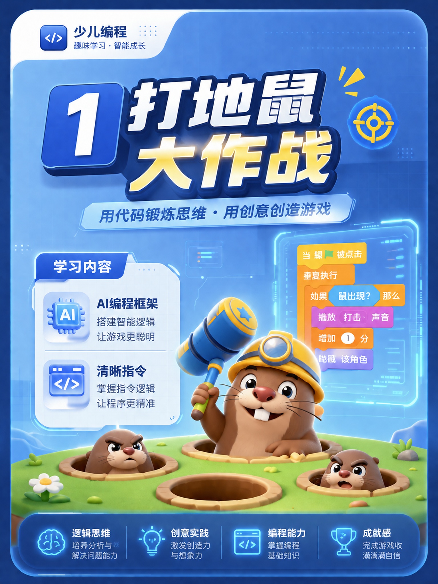 少儿编程课程卡片，主题是"1 打地鼠大作战"，学习内容为"AI… - 图片创意预览