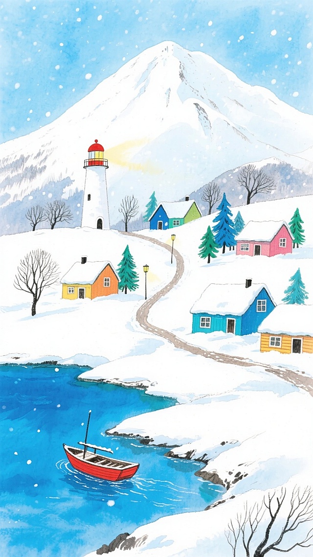 梦幻感与温馨感交织的冬日插画，水彩风渲染雪景，轻拟物风格呈现童话小镇，印象画派笔触点缀色彩，卡通感十足的灯塔与小屋映衬雪山，宛如节日贺卡中的宁静画卷。
