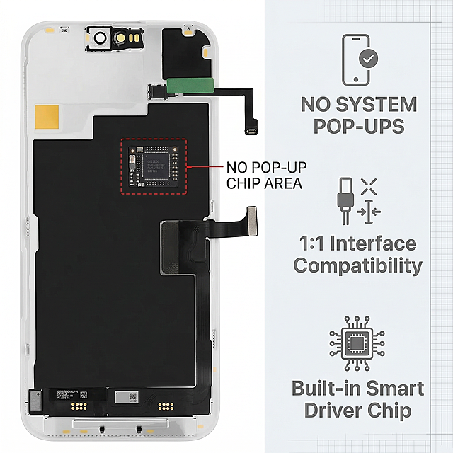 iPhone 15 Pro Max替换屏幕总成细节图，左右6:4排版，左侧纯白底放屏幕背面特写，用红色虚线框标注免弹窗芯片区域；右侧极浅灰网格背景，三个模块从上到下排列：NO SYSTEM POP-UPS、1:1 Interface Compatibility、Built-in Smart Driver Chip，搭配对应图标，文字用无衬线粗体，整体中性科技风，无品牌标识