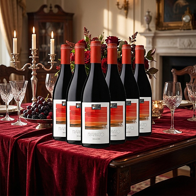 生成一个适合红葡萄酒的室内桌子场景，优雅精致高端，将产品自然放在桌子上的丝绒餐布上，不要改变产品细节,光影统一，产品完美融入环境，电商风格,正面视角 ,不要改变位置和细节          