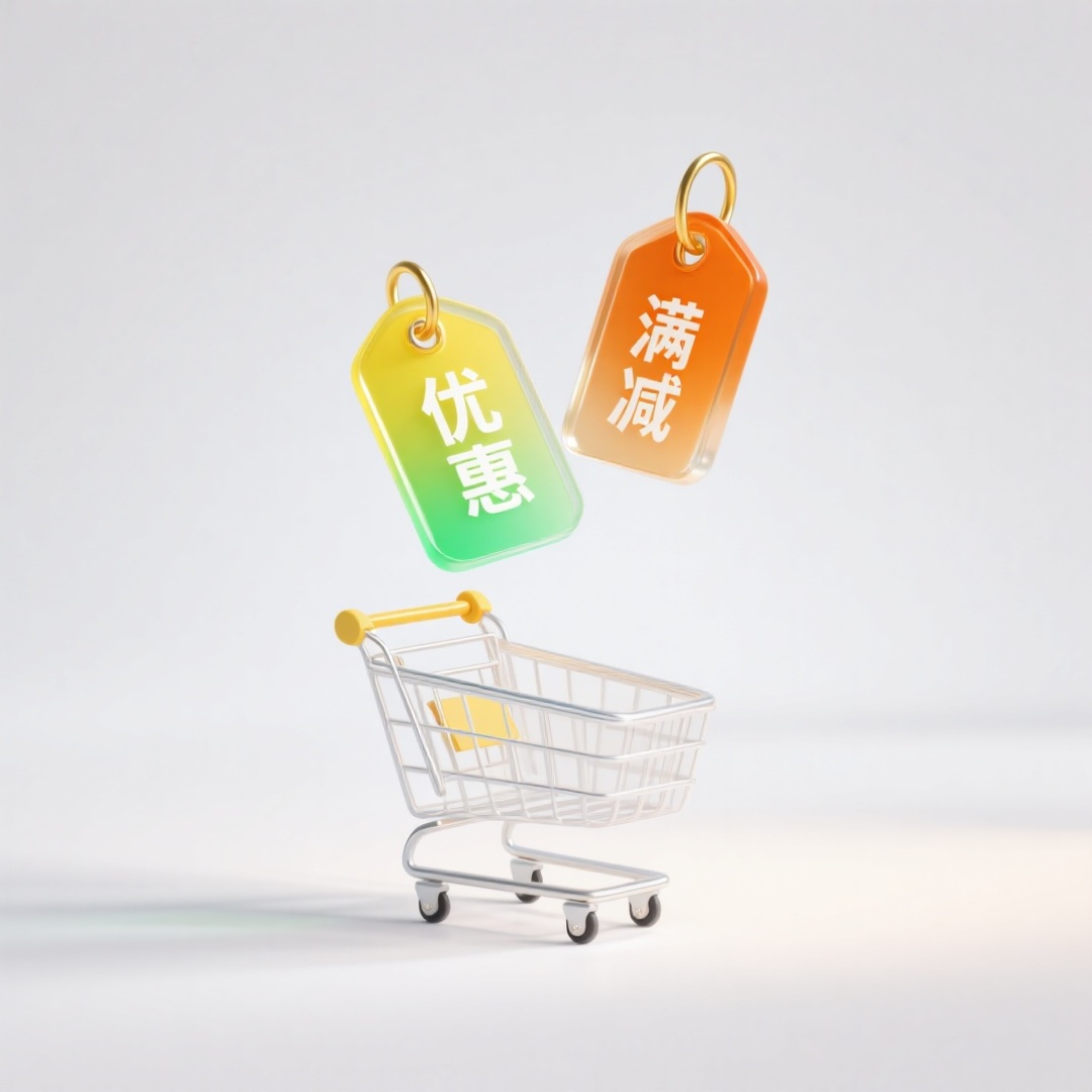白色背景下，下方是一个购物车，上方主体是两张悬浮的透明吊牌，文… - 图片创意预览