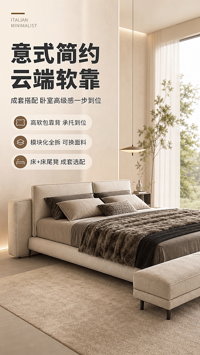 [商品] 使用【图1】意式简约布艺软包床；保留箱体结构、高软包靠背、低床架、金属细脚、米杏色布艺面料、床头方正造型、床尾凳同材质配套；商品处理：理顺布艺面料纹理，增强缝线与软包饱满质感，提升面料肌理清晰度，不改变床的结构比例和颜色。
[画面] 目标：首屏吸引注意，展示意式简约高级卧室空间与成套床品氛围；构图：左文右景，左侧约1/3竖列文案区，右侧大场景卧室；主体占画面约65%，床位于右侧中景，45°侧视角度；前中后景：前景浅米色地毯+床尾一角，中景床主体+同色系床尾凳，后景虚化落地窗+纱帘+绿植+简约吊灯；阅读动线从左上主标题向下浏览亮点条，再落向右下角床主体；整体亮色调，慵懒午后自然光从右侧窗户洒入。
[视觉] 套系策略：风格=意式简约轻奢高级商业摄影；标题字=现代无衬线粗体（思源黑体Heavy）；正文字=简洁无衬线体（思源黑体Regular）；主色=米杏色/暖白色；背景延展=基于米杏色做深浅层级、同色渐变和细腻织物/哑光墙面质感；强调色=深咖色，仅用于小面积图标、引线和标签；标题色=深炭灰；正文色=中暖灰；组件=圆角浅底信息卡、细线引线、胶囊形卖点框；光影=右前侧暖柔光，柔和自然阴影，整体明亮通透。
[文字] 左上竖列文案区：主标题「意式简约 云端软靠」（8字）；副标题「成套搭配 卧室高级感一步到位」（14字）；亮点条3条：① 高软包靠背 承托到位 ② 模块化全拆 可换面料 ③ 床+床尾凳 成套选配；系列角标「ITALIAN MINIMALIST」英文小字；文字不遮挡床主体和床头靠背。
[规格] 图片比例9:16竖版，分辨率4K，quality=medium；负向提示：避免变形、错字、文字过小、冷蓝/蓝灰背景、床结构失真、面料颜色改变、杂乱背景、水印、平台Logo。