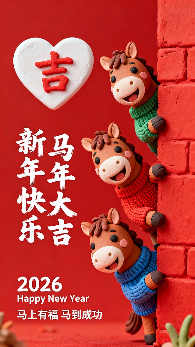 以喜庆的大红色为背景，采用黏土 3D 卡通风格，三只穿着不同颜色针织毛衣的可爱小马从右侧红色墙体后探出头来，表情活泼欢快。画面左侧有白色爱心形状的 “吉” 字，搭配白色毛笔字体的 “新年快乐 马年大吉”，底部标注 “2026 Happy New Year” 和 “马上有福 马到成功” 的祝福语，整体氛围充满新年的喜庆与萌趣感。比例9:16