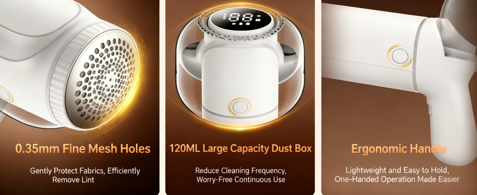 将图片调整为1464*600px尺寸，画面无变形，将所有文本翻译成英文：“0.35毫米细密网孔”替换为“0.35mm Fine Mesh Holes”，“温柔呵护织物 高效剃除毛球”替换为“Gentl预览效果