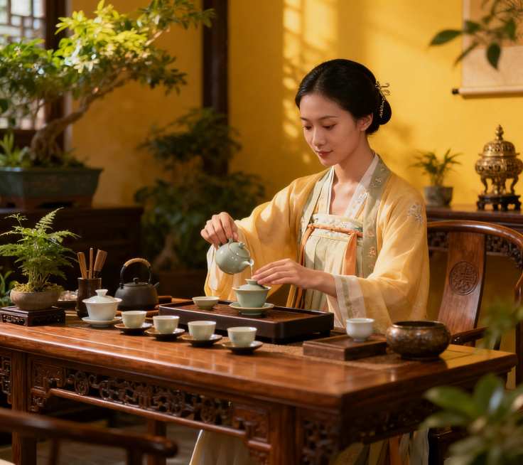 武夷山专业茶艺研习图，茶艺师正在展示泡茶技艺，古色古香的茶台氛围雅致预览效果