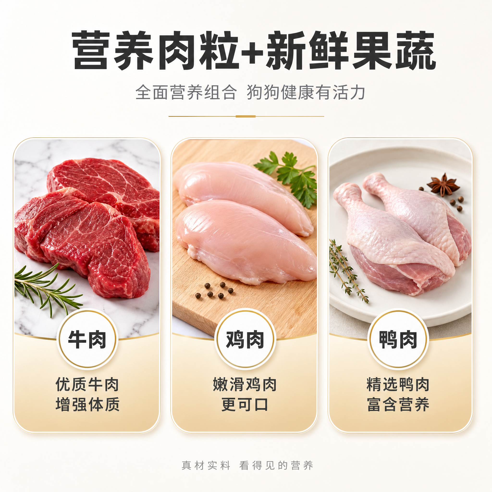 宠物食品食材成分展示图，主题为三种肉类原料：牛肉、鸡肉、鸭肉。… - 图片创意预览