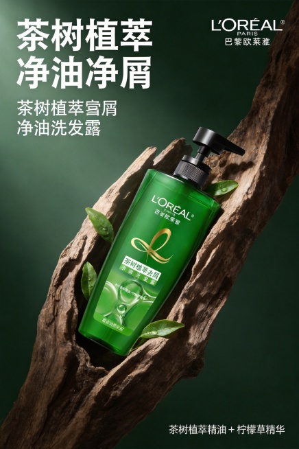 2:3竖版品牌宣传海报，欧莱雅茶树植萃去屑净油洗发露绿色按压瓶斜放于风化深棕色枯木的自然凹陷处，枯木从画面右侧向左延伸形成天然框架，产品在框架内居中，周围点缀少量带露珠的茶树叶，画面上下预留充足文字空预览效果