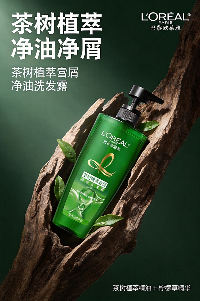 2:3竖版品牌宣传海报，欧莱雅茶树植萃去屑净油洗发露绿色按压瓶斜放于风化深棕色枯木的自然凹陷处，枯木从画面右侧向左延伸形成天然框架，产品在框架内居中，周围点缀少量带露珠的茶树叶，画面上下预留充足文字空间，构图宽松有呼吸感；高级冷调绿棕撞色系，背景为深墨绿哑光色，产品瓶身翡翠绿带通透冷调光泽，枯木纹理呈现深浅不一棕色调，整体偏冷调高级感；高端奢侈品级商业摄影，8K超高清，产品质感极致高级，电影感侧逆光营造通透高光，枯木纹理细节丰富，画面高级有格调；文字排版：右上角放置白色精致品牌LOGO「L'OREAL PARIS 巴黎欧莱雅」，上半部分左对齐排版白色加粗主标题「茶树植萃 净油去屑」，主标题下方左对齐排列白色中号产品名「茶树植萃去屑净油洗发露」，最底部右对齐排版小尺寸白色核心成分文字「茶树植萃精油 + 柠檬草精华」；纯深墨绿哑光背景，靠光影明暗变化营造层次感，突出高端品牌调性