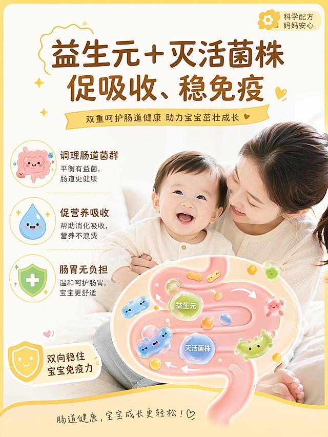 小红书母婴图文详情页第四张，主题：益生元+灭活菌株｜促吸收、稳免疫，文字内容：调理肠道菌群、促营养吸收，肠胃无负担，双向稳住宝宝免疫力。风格清新温暖亲子风，简洁干净图文排版，配色明亮柔和，适合母婴分享，整体比例3:4