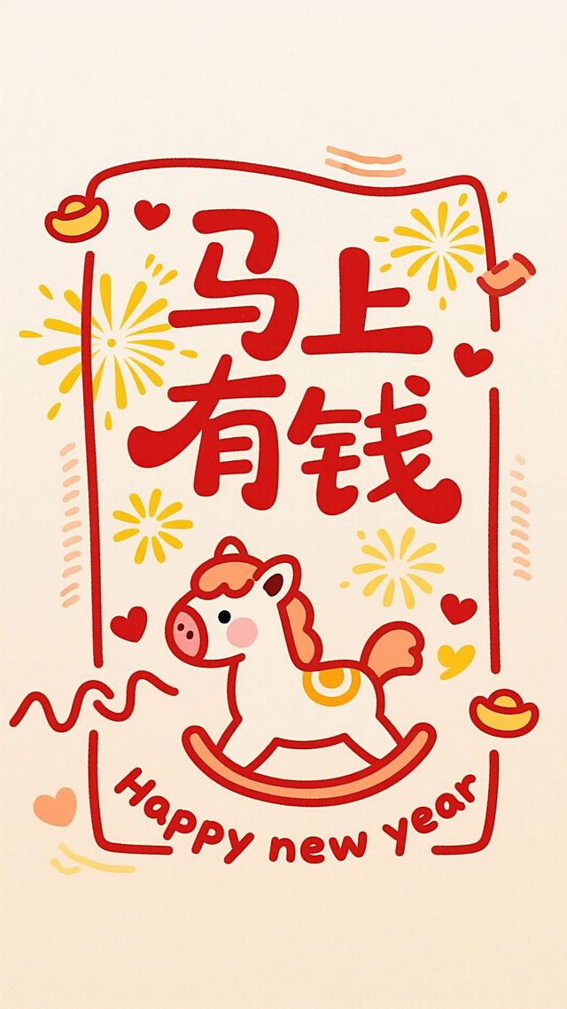画面中心是红色艺术字“马上有钱”，边框点缀黄色烟花图案、卡通小马简笔画，文字“Happy new year” ，搭配波浪线、爱心的可爱装饰元素，以暖米色为底色，红色为主装饰色