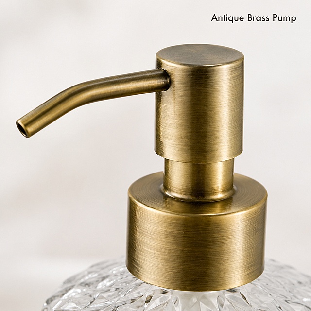 [Main Image 7] Brass Pump Detail close-up image. [Atmosphere Style] Macro detail showcase, highlight premium metal craftsmanship. [Quality] Macro commercial photography, extremely sharp focus on brushed brass texture. [Elements] Close-up of the antique brass pump head and spout, show the brushed metal texture, precise machining, smooth curved spout design. Keep product details consistent with input image, overall appearance accurate. Background is softly blurred to emphasize the pump detail. [Lighting] Soft directional lighting, accentuate the brushed texture of the brass, show fine lines and metallic luster, natural shadow. [Color Matching] Light off-white background, warm antique bronze brass color as focus. [Perspective Composition] Close-up perspective, pump detail centered, shallow depth of field. [Text Layout] English text "Antique Brass Pump" at top right, small clear font. All text is English. [Output Requirements] 1:1 ratio, ultra HD macro photography quality. [Negative Prompt] Out of focus, overexposure, deformed metal, extra logo, Chinese characters