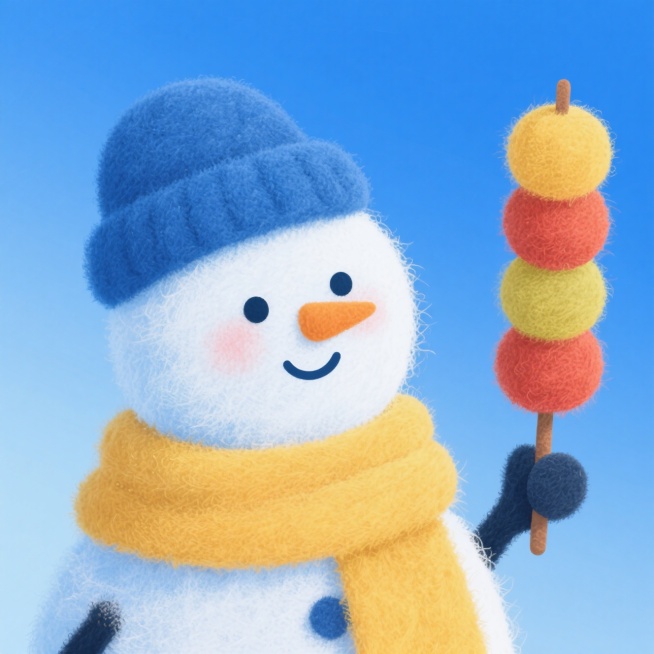 一个萌系雪人形象。它戴着蓝色帽子，系着黄色围巾，面带微笑，手里拿着糖葫芦。蓝色渐变背景。预览效果