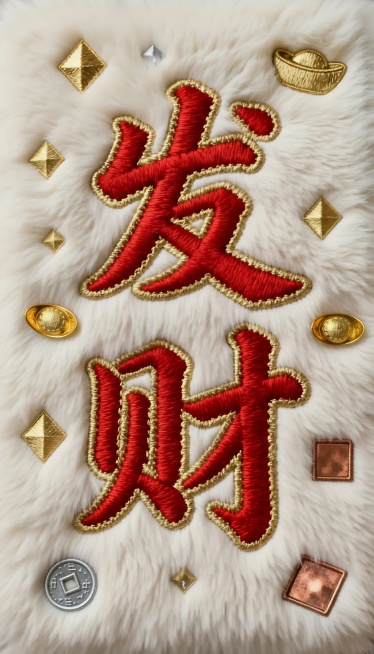 浅灰毛绒质感背景，中央是红金撞色书法字体刺绣的“发财”二字，字体边缘有精致的金色刺绣轮廓，周围点缀几何形状的金银财宝图案，包括菱形金块、圆形银币和方形铜钱，整体呈现现代国潮风格，刺绣纹理清晰，毛绒质感预览效果