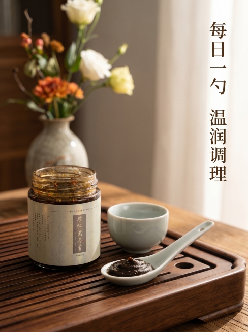 [主图 4] 砂仁党参膏日常食用场景展示。氛围风格：传统养生舒适氛围感，自然闲适生活方式。画质：商业摄影质感、光线柔和通透、产品清晰真实、画面干净高级，2K分辨率文字清晰可辨。元素：保持砂仁党参膏玻璃预览效果